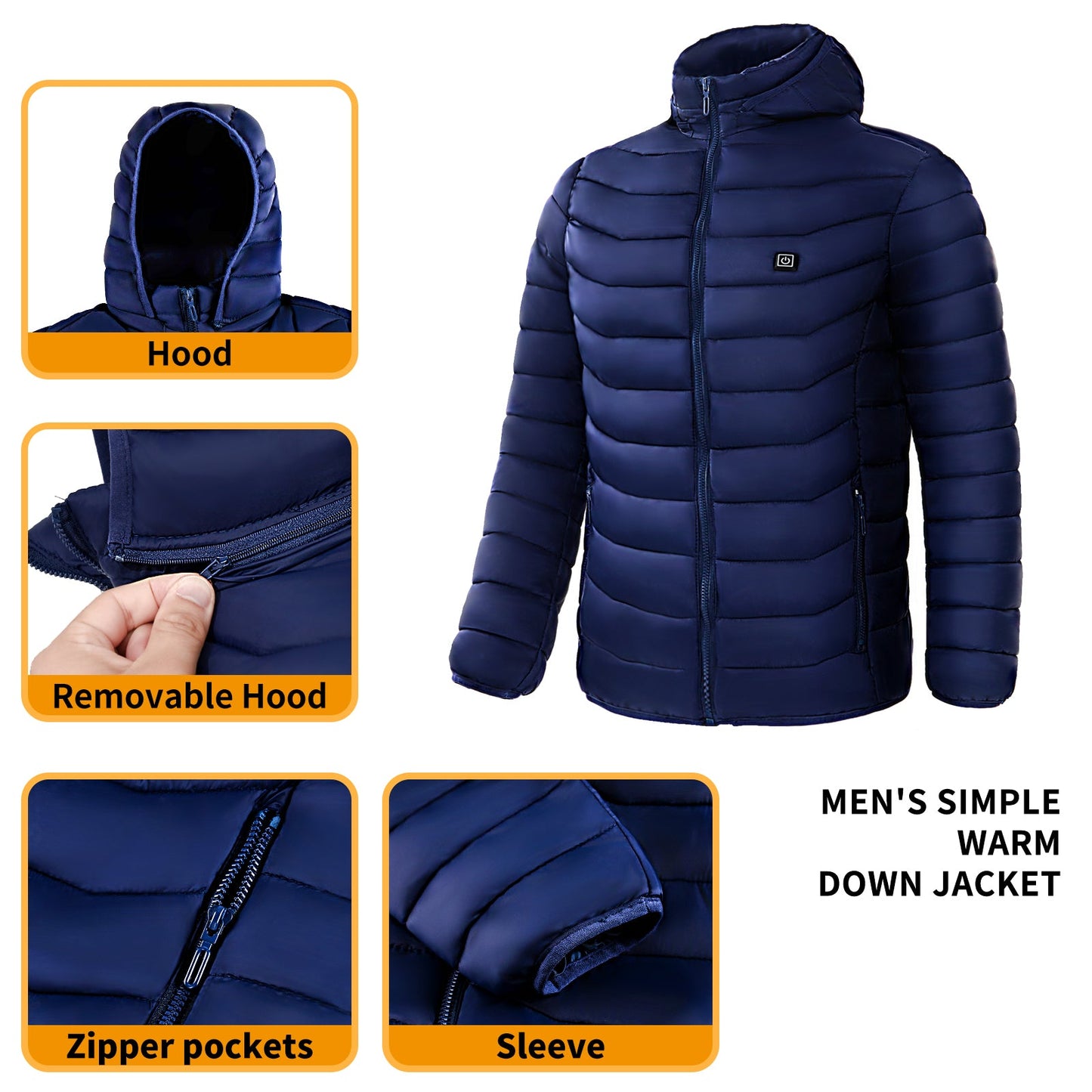 Men Heated Puffer Jacket Electric Heating Coat Insulated Hood Windbreaker