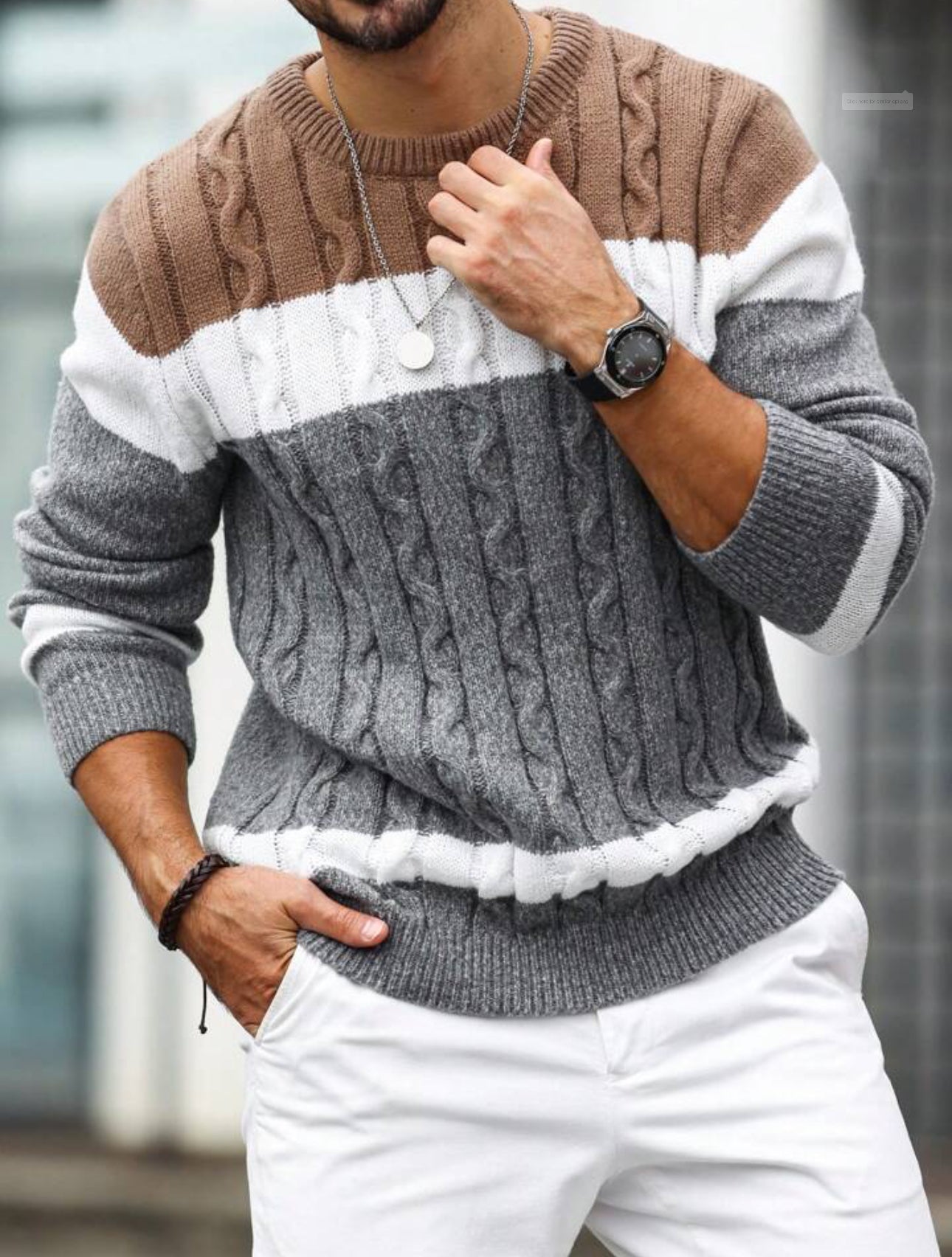 Longping Mens Fashion Crewneck Striped Pullover Sweater Soft Thermal Cotton Knitted Color Block Sweaters(Xxl), Brown253