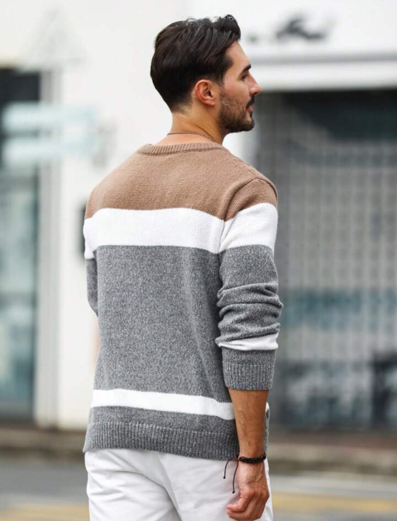 Longping Mens Fashion Crewneck Striped Pullover Sweater Soft Thermal Cotton Knitted Color Block Sweaters(Xxl), Brown253