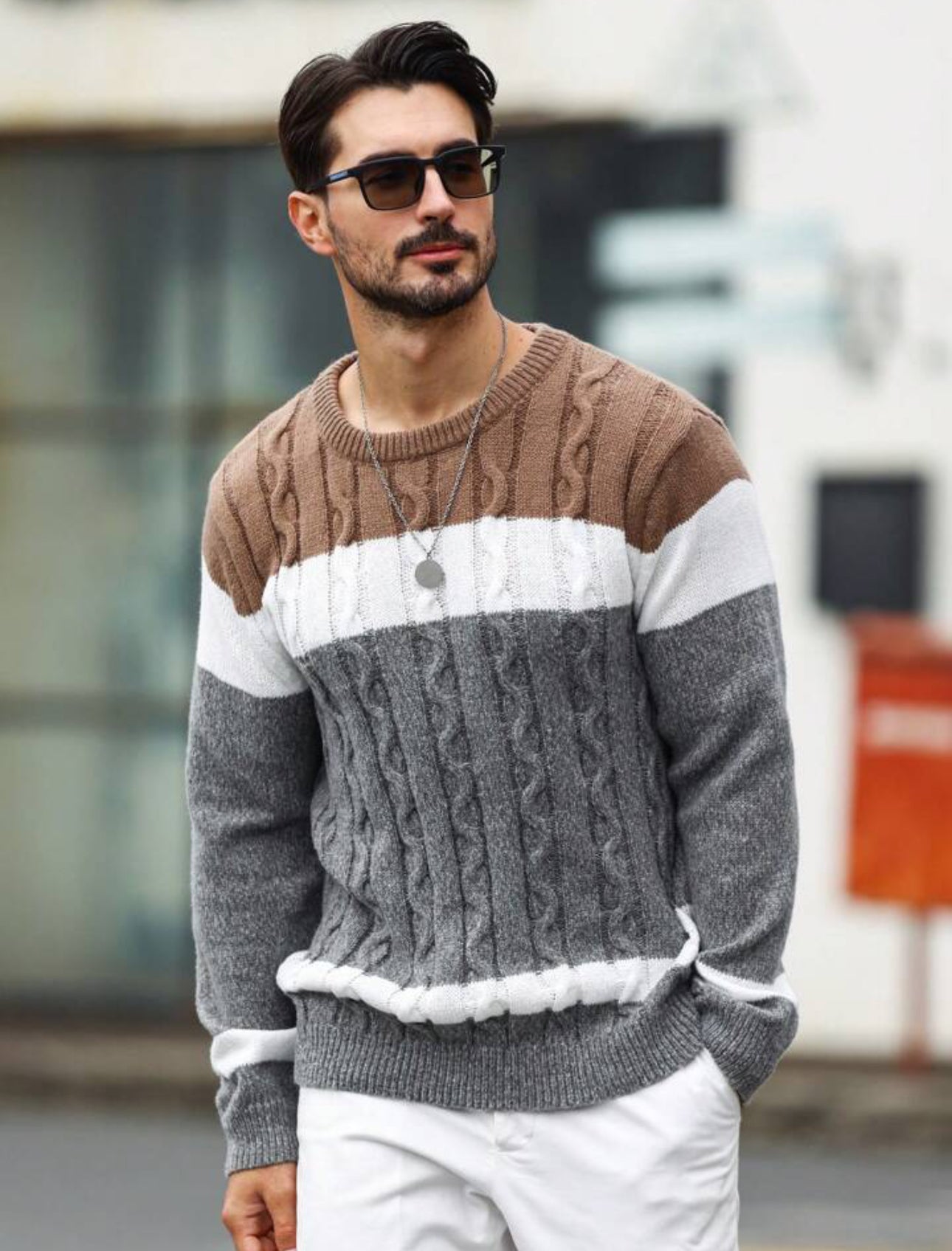 Longping Mens Fashion Crewneck Striped Pullover Sweater Soft Thermal Cotton Knitted Color Block Sweaters(Xxl), Brown253