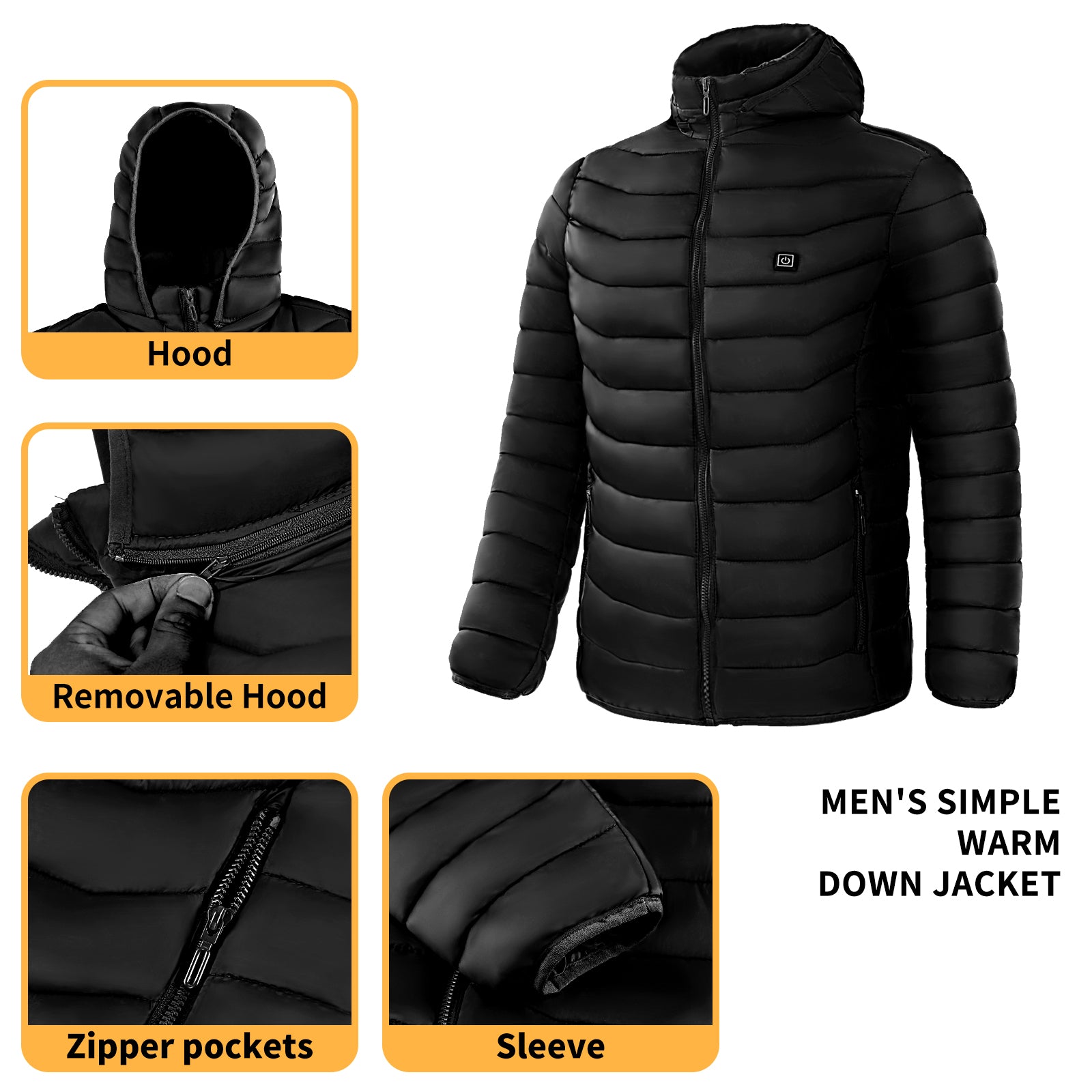 Men Heated Puffer Jacket Electric Heating Coat Insulated Hood Windbreaker